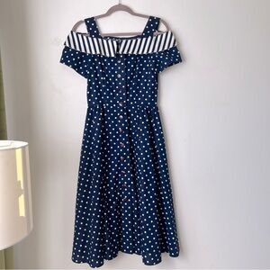 Vintage 80s 90s Stuart Alan Petites Navy Polkadot Pin Up A-line Midi Dress 10P